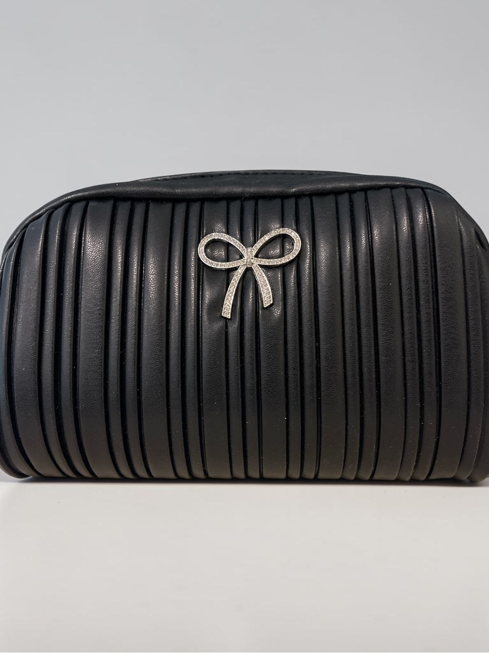 Primark Black Quilted Cosmetic Pouch with Silver Bow